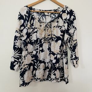 Charter Club 100% Linen Tunic Top M Petite Navy Gold Embellished Luxury Nautical